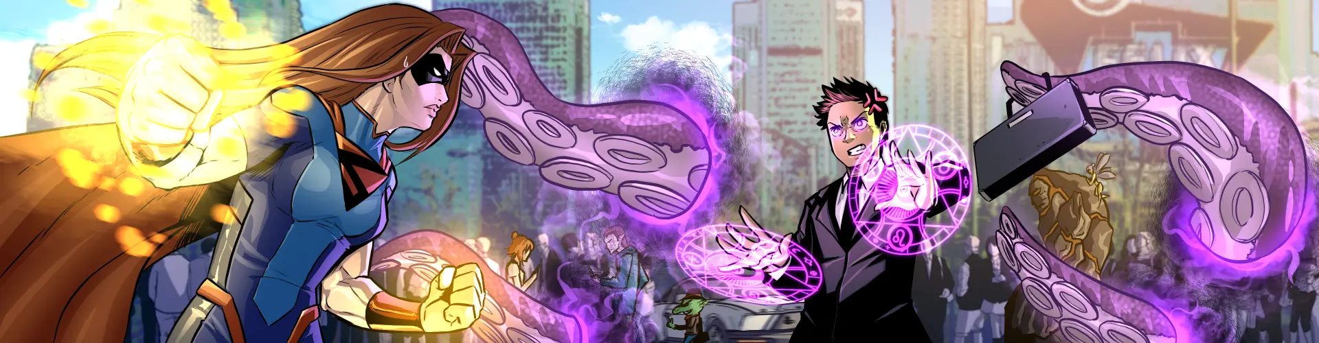 Comic-book illustration of a caped superhero clashing with a suited wizard casting purple magic in a city street