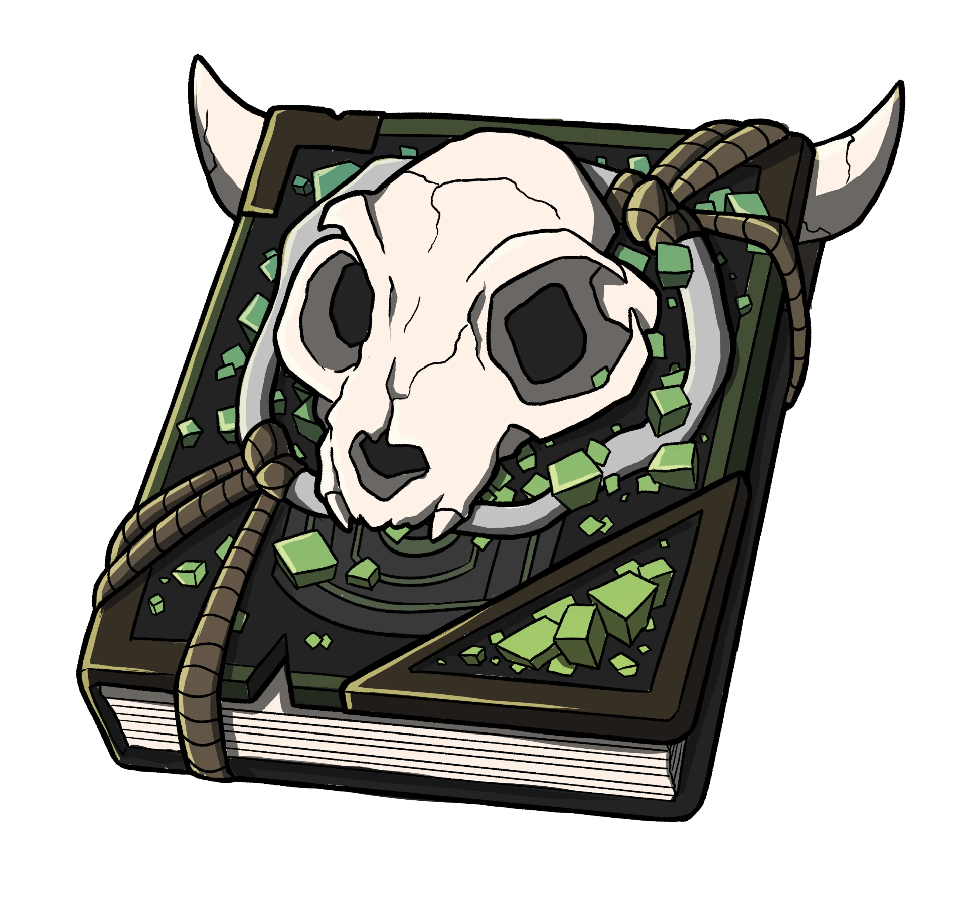 Illustrated closed spellbook bound with rope, topped with a horned skull and green crystals