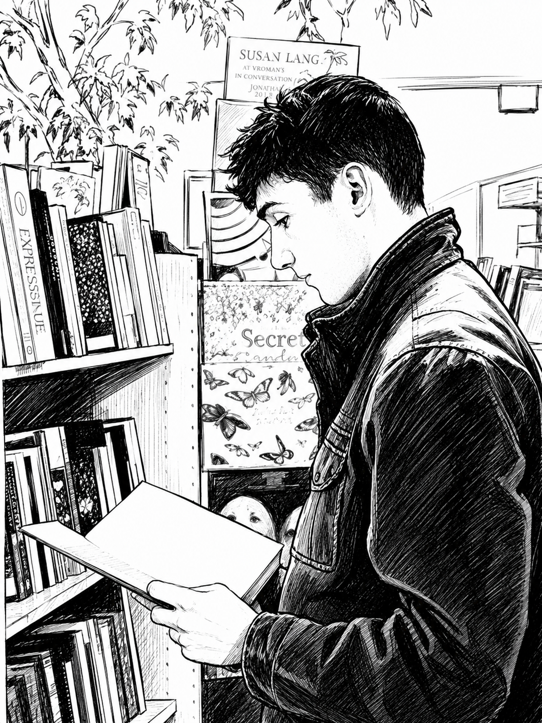 Black-and-white illustration of a reader browsing books in a bookstore